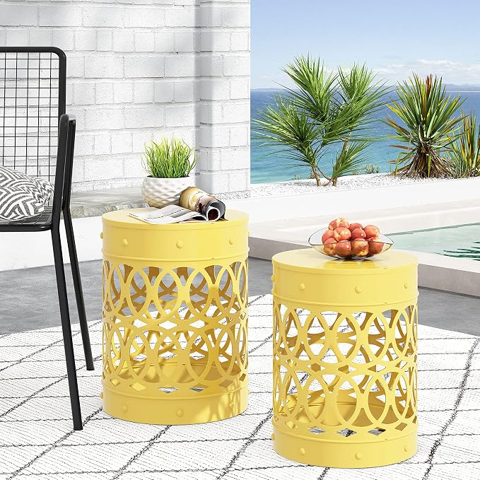 Set of 2 Yellow Metal Outdoor Side Tables, Round Patio End Tables, Weather Resistant Accent Stools, Geometric Cutout Design, Indoor & Outdoor Decorative Tables for Garden, Balcony, Living Room