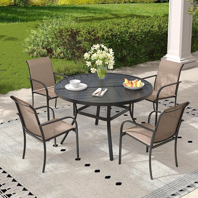 5 Pieces Outdoor Dining Set, Stackable Textilene Paito Chairs & 40.5" Round Dining Table with Umbrella Hole and Shelf, Patio Dining Set for Backyard, Deck, Garden, Brown & Black