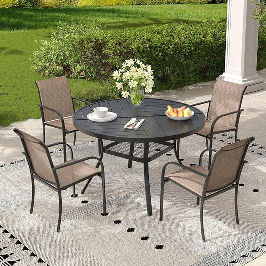 5 Pieces Outdoor Dining Set, Stackable Textilene Paito Chairs & 40.5" Round Dining Table with Umbrella Hole and Shelf, Patio Dining Set for Backyard, Deck, Garden, Brown & Black