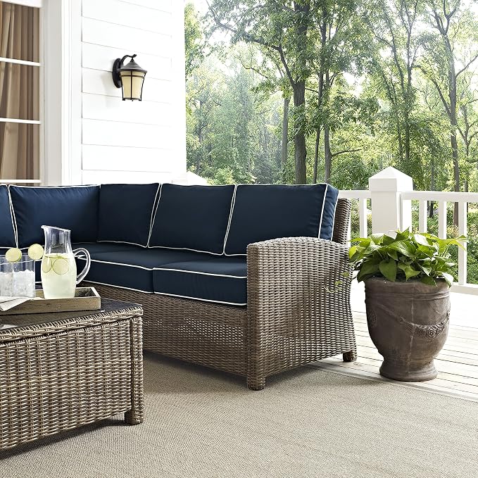 Crosley Furniture Bradenton 5-Piece Outdoor Sectional Sofa Wicker Conversation Patio Furniture Set for Deck, Brown with Navy Cushions
