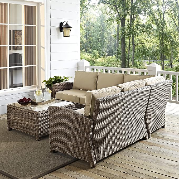 Crosley Furniture Bradenton 4-Piece Outdoor Sectional Sofa Wicker Conversation Patio Furniture Set for Deck, Brown with Sand Cushions