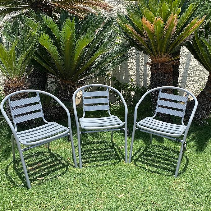 BTEXPERT Gray Indoor Outdoor Restaurant Stainless Steel Silver Aluminum + 3 Metal Slat Stack Commercial Lightweight, 3 Chairs with a 27.5" Round Table