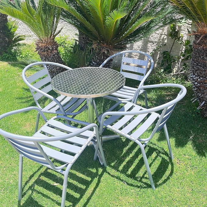 BTEXPERT Gray Indoor Outdoor Restaurant Stainless Steel Silver Aluminum + 4 Metal Slat Stack Lightweight, 4 Chairs with a 27.5" Round Table